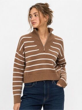 Qi Cashmere Quinn Brown and White Striped Half-Zip Turtleneck Sweater
